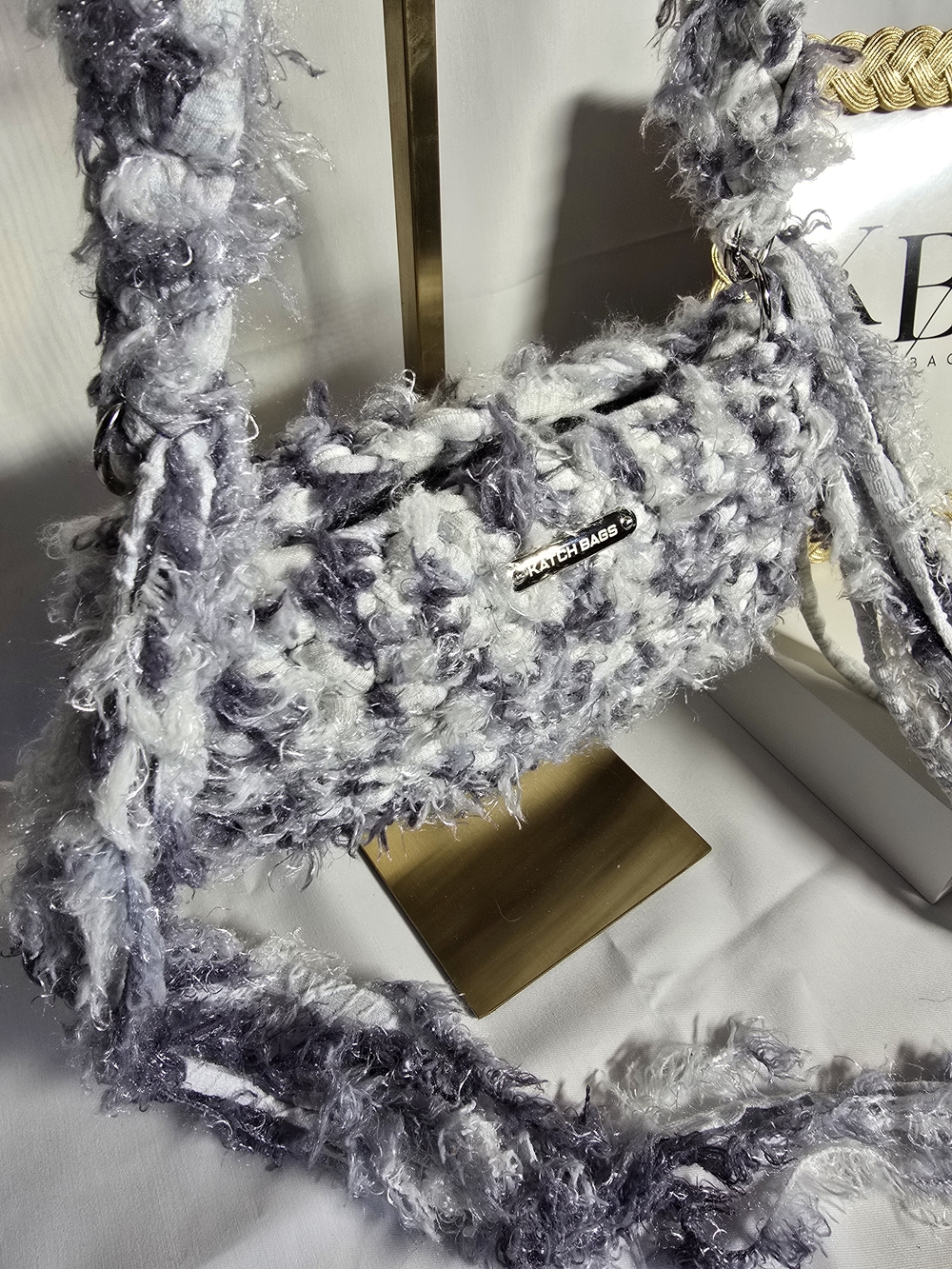 Gray & White Textured Crochet Shoulder Bag